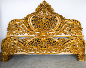Royal Gold Finish Hand-Carved Wooden Headboard & Footboard Set
