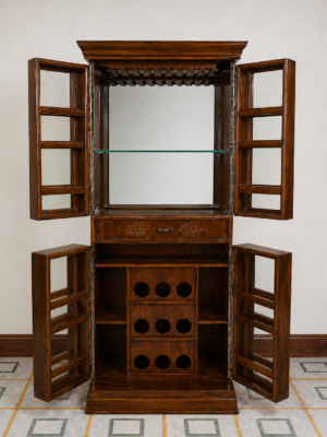 Premium Solid Wood Bar Cabinet with Glass Holder & Wine Storage