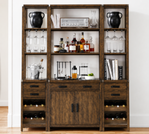 Modern Modular Solid Wood Bar Cabinet with Open Shelving & Wine Storage