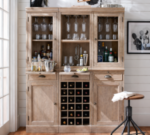 Scandinavian Solid Wood Bar Cabinet with Glass Doors & Wine Rack