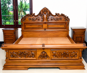 Royal Hand-Carved Wooden Bed with Storage & Side Tables