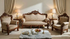 Handcrafted Wooden 5 Seater Sofa Suede Fabric