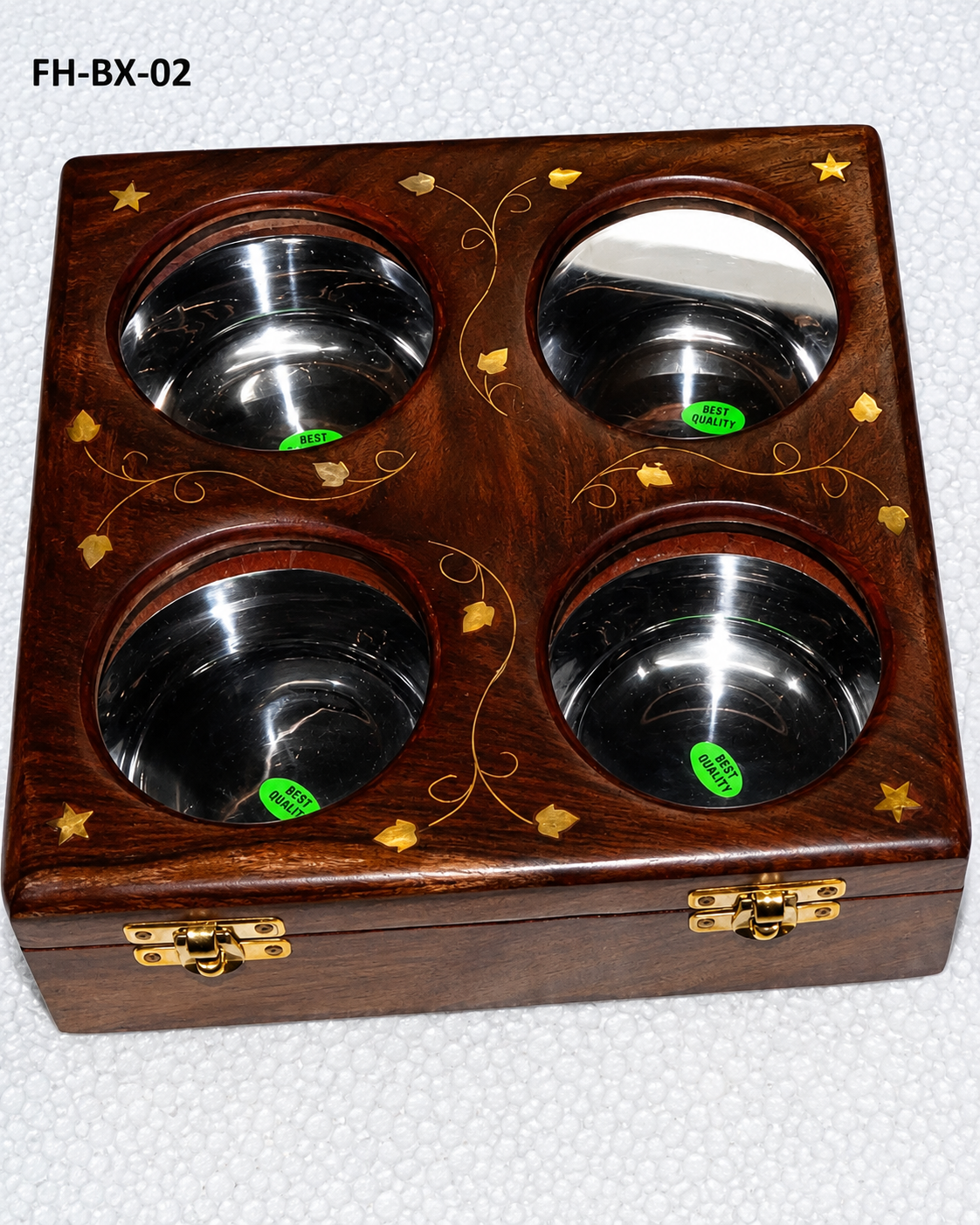 Royal Handcrafted Wooden Serving Bowl Set with Stainless Steel Inserts – 4 Compartments