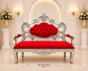 Royal Ivory Crest Sofa with Velvet Red Upholstery (RE SF3 037)