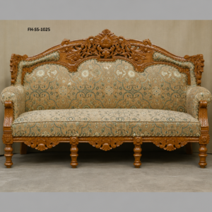 Handcrafted Solid Wood Sofa with Ornate Floral Carvings and Premium Patterned Upholstery