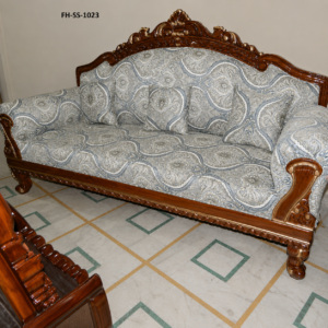 Handcrafted Solid Wood Sofa Set with Paisley Pattern Upholstery and Traditional Carved Frame