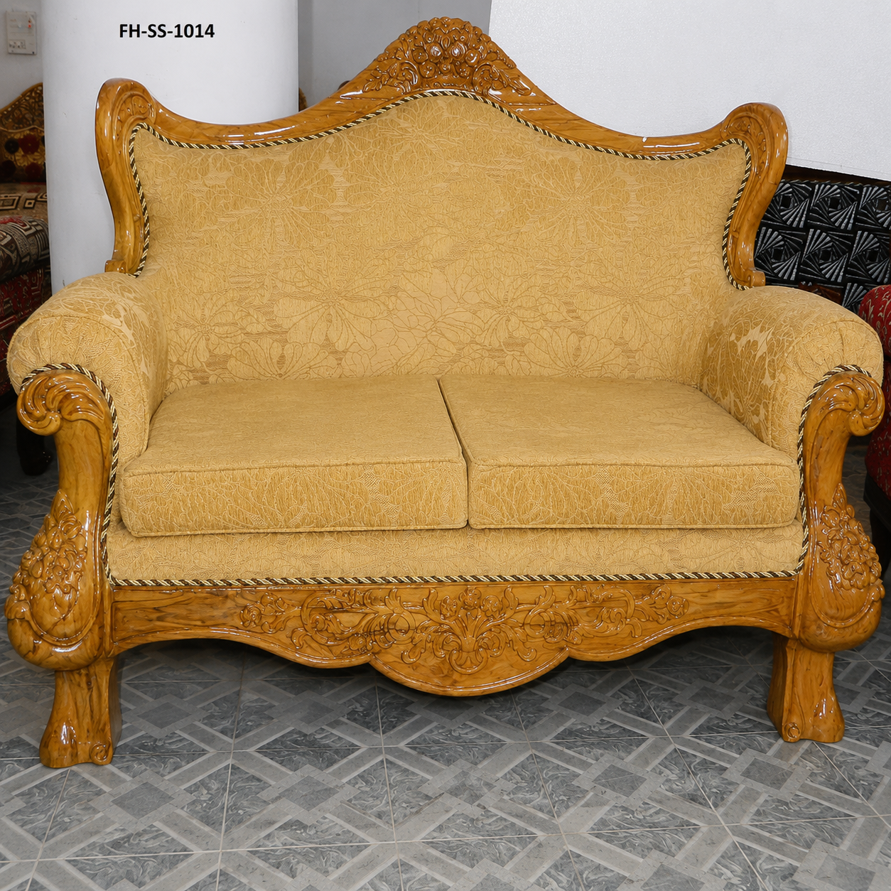 Royal Wooden Sofa Set with Beige Floral Upholstery (3-Seater & 2-Seater) - Image 2