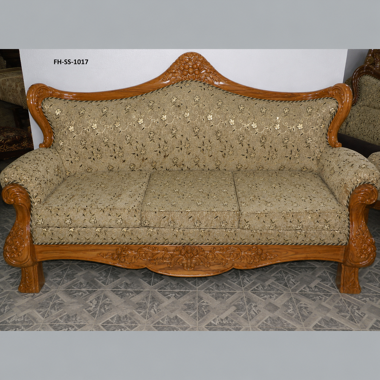 Premium Wooden Sofa Set with Beige Floral Upholstery (3-Seater & 2-Seater)