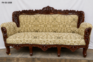 Luxury hand-carved wooden sofa set with ornate floral carvings and premium beige patterned upholstery