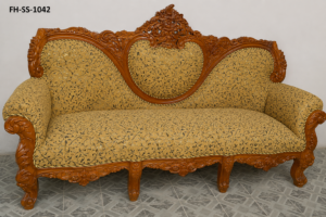 Luxury hand-carved wooden sofa set with ornate crest backrest and elegant floral-pattern upholstery