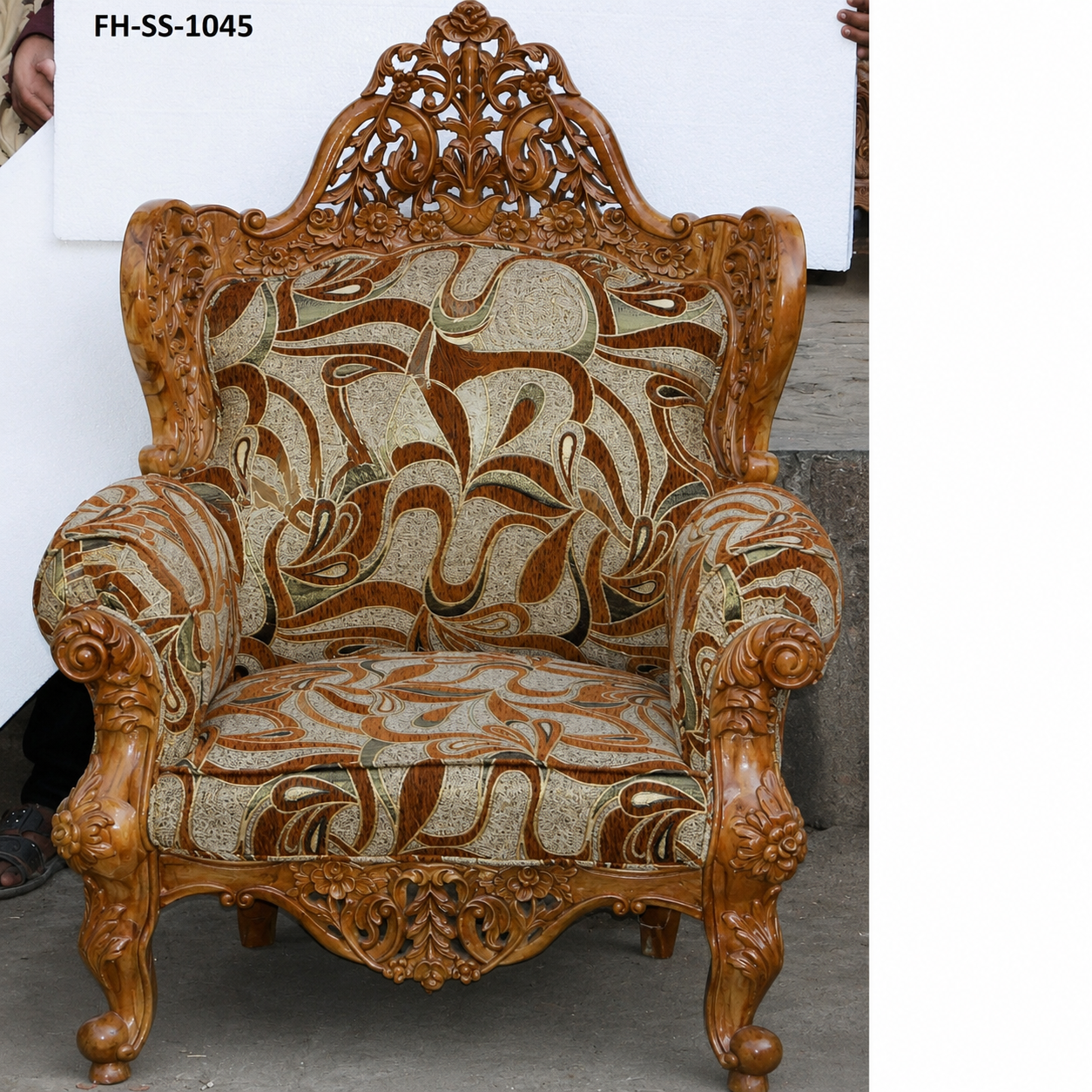 Elegant hand-carved wooden sofa set with intricate vine detailing and premium abstract patterned upholstery - Image 2