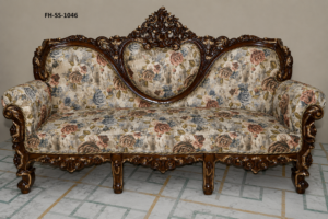 Luxury Victorian-style hand-carved wooden sofa set with elegant floral upholstery and ornate detailing