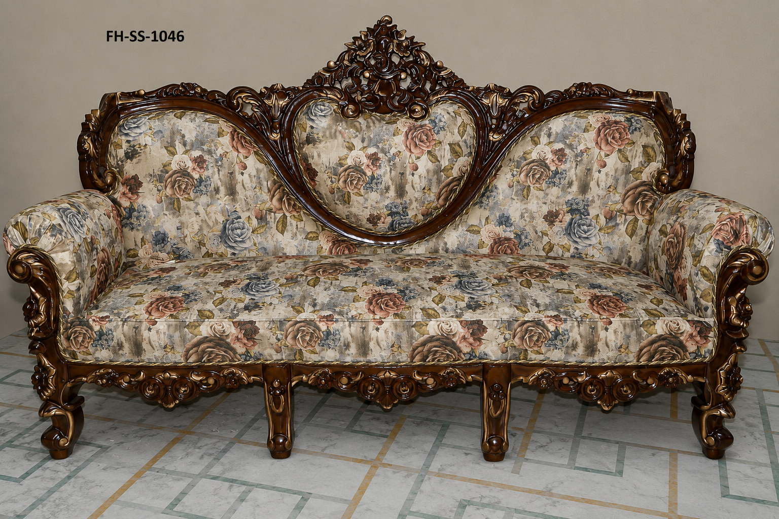 Luxury Victorian-style hand-carved wooden sofa set with elegant floral upholstery and ornate detailing