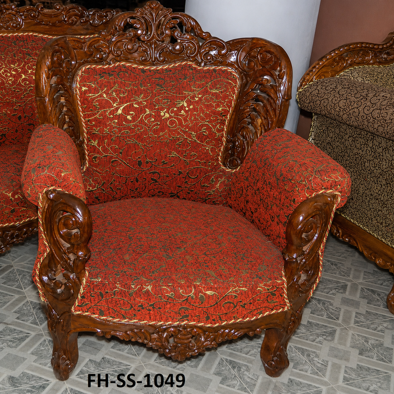 Hand-carved royal wooden sofa set with crimson red upholstery and intricate traditional detailing - Image 2