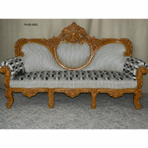 Luxury hand-carved wooden sofa set with striped upholstery and geometric accent detailing