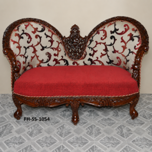 Luxury hand-carved wooden lounge sofa set with crescent back design and rich crimson upholstery
