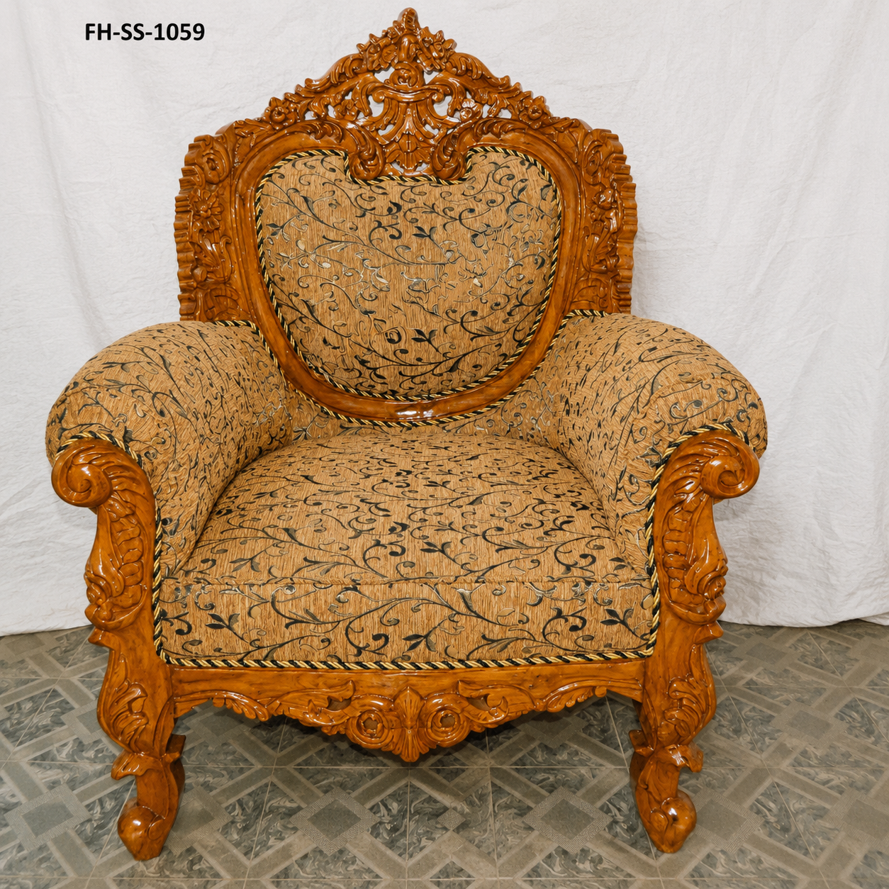 Luxury hand-carved wooden sofa set with intricate floral upholstery and traditional royal craftsmanship - Image 2