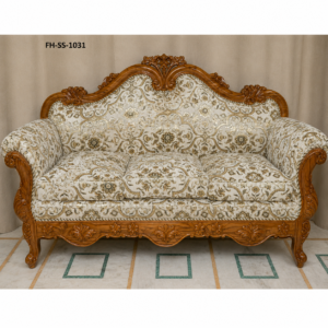 Elegant handcrafted wooden sofa and loveseat with floral-pattern upholstery, ornate carved frame, and premium cushioned seating