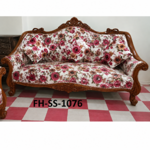 Elegant floral-pattern sofa set with handcrafted wooden frame, rose print upholstery, decorative cushions, and classic luxury styling.
