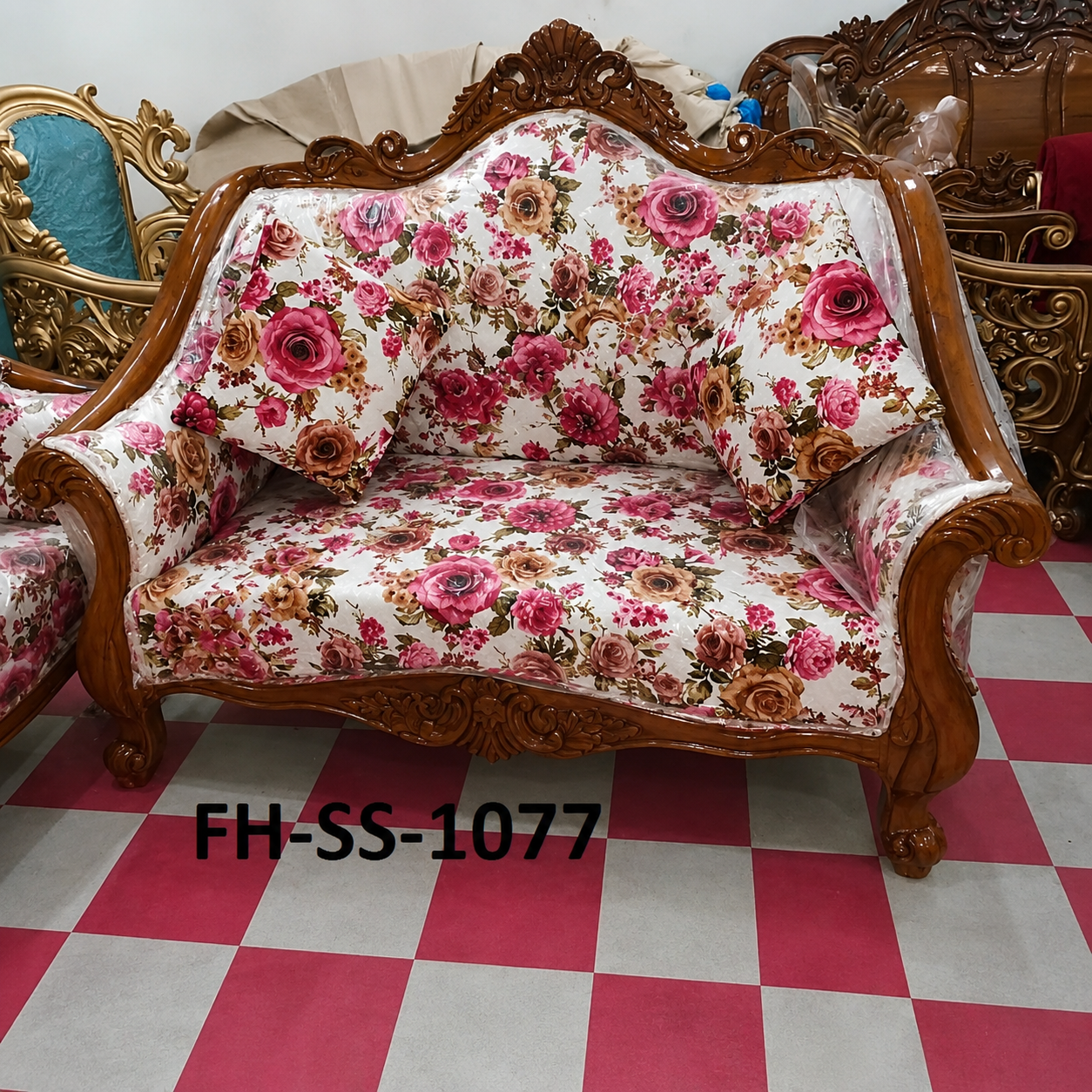 Elegant floral-pattern sofa set with handcrafted wooden frame, rose print upholstery, decorative cushions, and classic luxury styling. - Image 2
