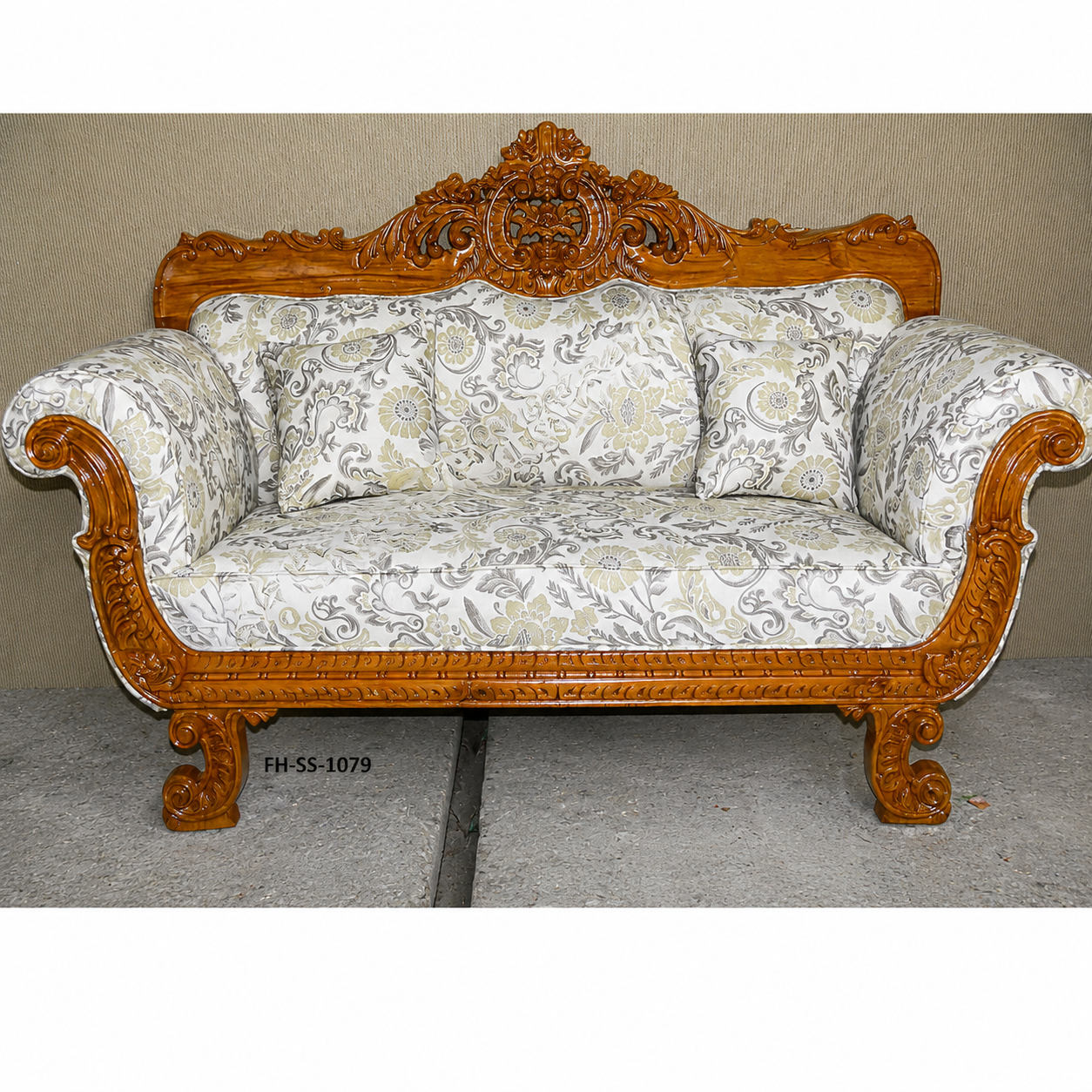 Luxurious handcrafted wooden sofa set featuring intricate royal carvings, elegant floral upholstery, curved armrests, and matching cushions in a classic traditional design. - Image 2