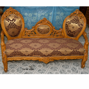 Elegant handcrafted wooden bench and armchair set featuring intricate floral carvings, premium brown-gold upholstery, decorative backrest panels, and a classic traditional design.