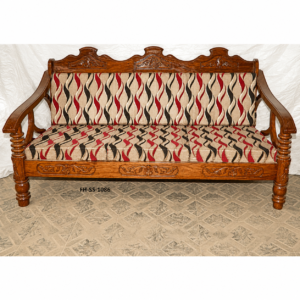 Traditional handcrafted wooden sofa set with elegant carved detailing, sturdy wooden frame, and modern patterned upholstery in beige, red, and black tones.