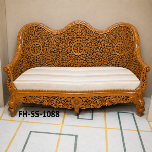 Exquisite hand-carved wooden sofa set featuring intricate Kashmiri floral carvings, premium craftsmanship, natural wood finish, and elegant cream upholstered seating.