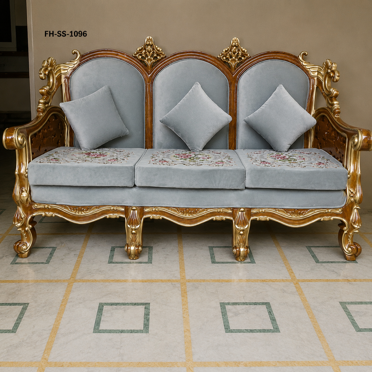 Luxury carved wooden sofa set featuring a grand crown-style backrest, premium grey velvet upholstery, gold-finished detailing, decorative embroidery, and elegant handcrafted craftsmanship. - Image 2