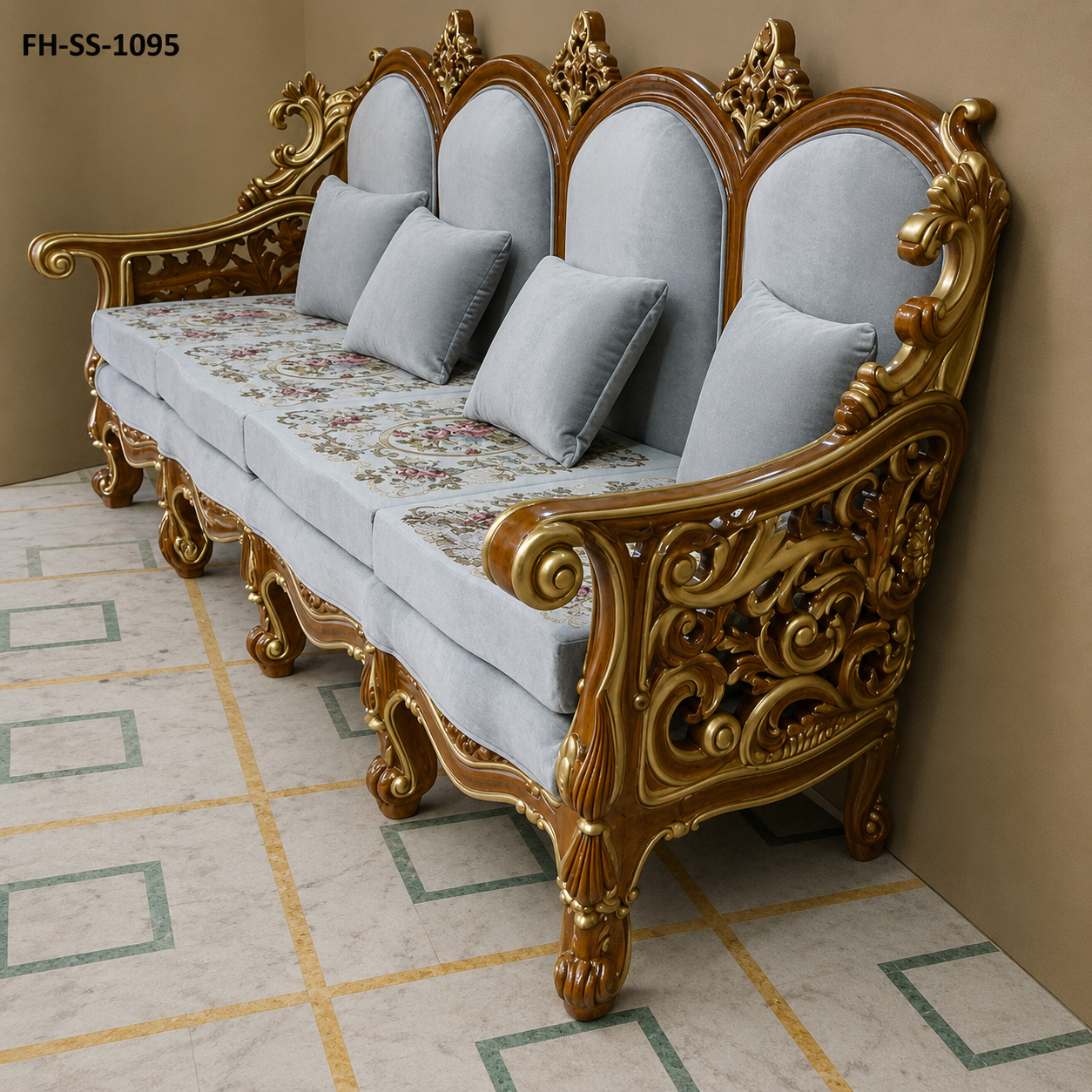 Luxury carved wooden sofa set featuring a grand crown-style backrest, premium grey velvet upholstery, gold-finished detailing, decorative embroidery, and elegant handcrafted craftsmanship. - Image 3