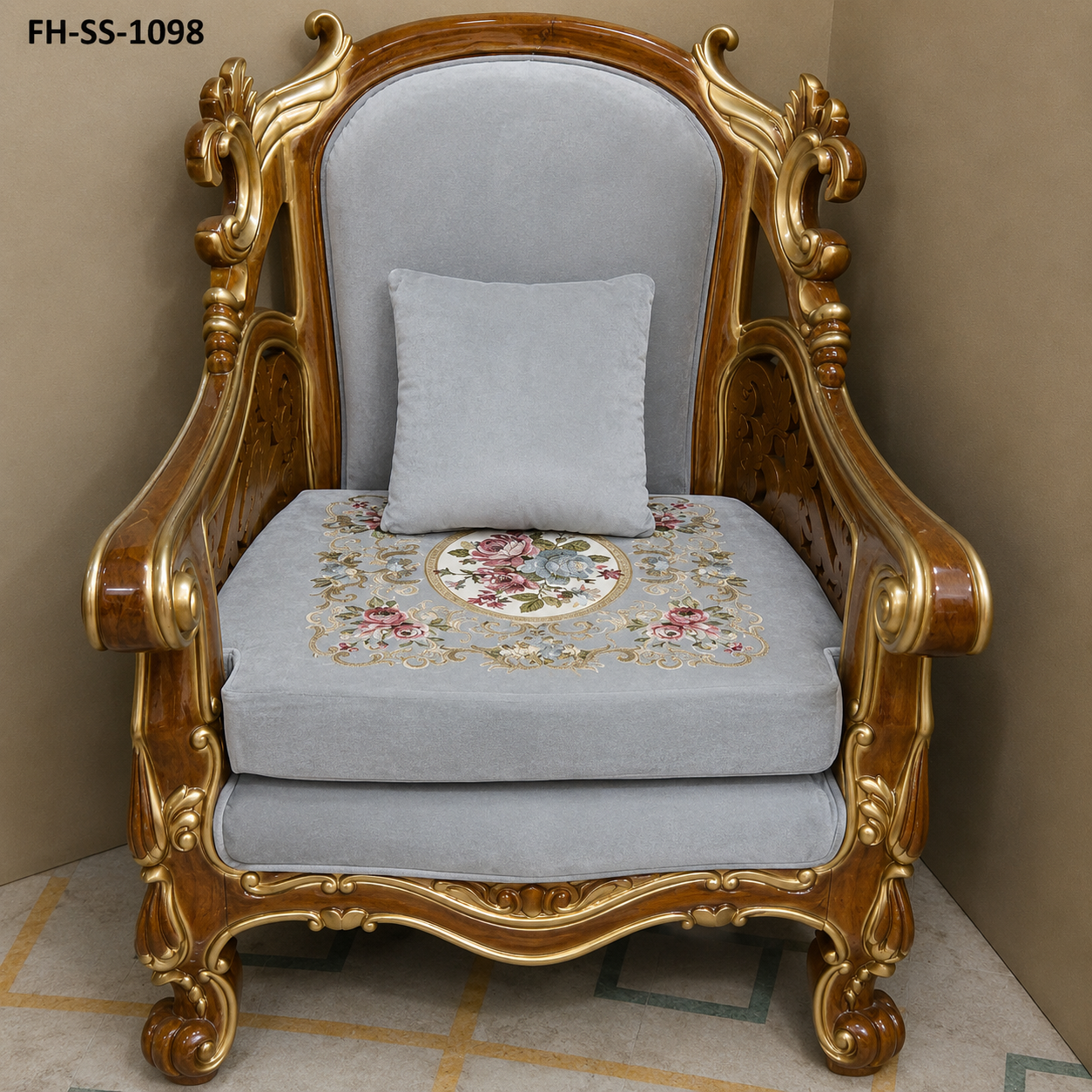 Luxury carved wooden sofa set featuring a grand crown-style backrest, premium grey velvet upholstery, gold-finished detailing, decorative embroidery, and elegant handcrafted craftsmanship. - Image 4
