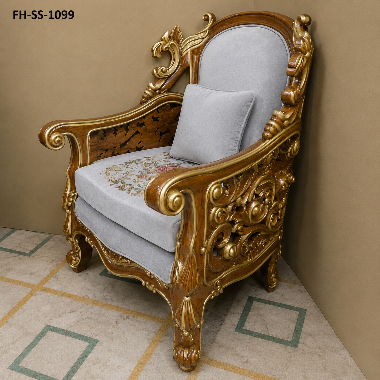 Luxury carved wooden sofa set featuring a grand crown-style backrest, premium grey velvet upholstery, gold-finished detailing, decorative embroidery, and elegant handcrafted craftsmanship. - Image 5