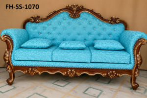 Luxurious royal-style sofa set featuring sky blue tufted upholstery, crystal button detailing, carved wooden frame, and elegant handcrafted accents.