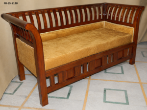 Modern handcrafted wooden daybed sofa featuring a slatted backrest design, rich walnut finish, and plush beige cushioned seating.