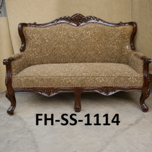 Elegant handcrafted wooden sofa with a dark polished wood frame, curved arms, carved detailing, and premium beige patterned upholstery.