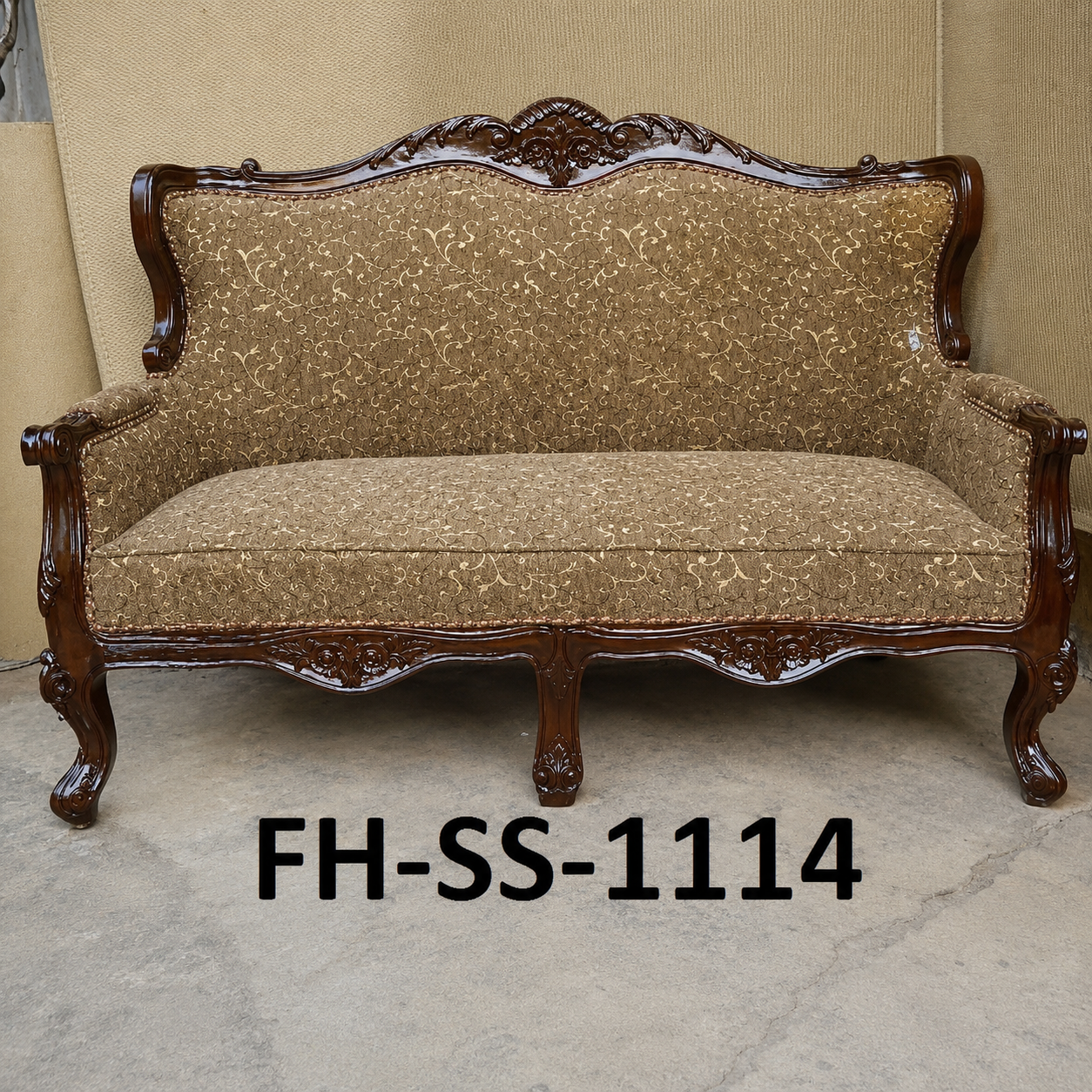 Elegant handcrafted wooden sofa with a dark polished wood frame, curved arms, carved detailing, and premium beige patterned upholstery.