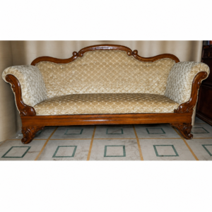 Elegant handcrafted solid wood sofa with graceful curved frame, premium beige upholstered fabric, rolled armrests, and a timeless classic design for luxury interiors.