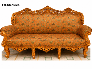 Luxury handcrafted solid wood sofa with intricate floral carvings, premium orange floral upholstery, rolled armrests, and an elegant royal high-back design.