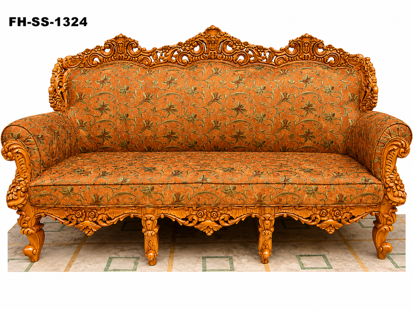 Luxury handcrafted solid wood sofa with intricate floral carvings, premium orange floral upholstery, rolled armrests, and an elegant royal high-back design.