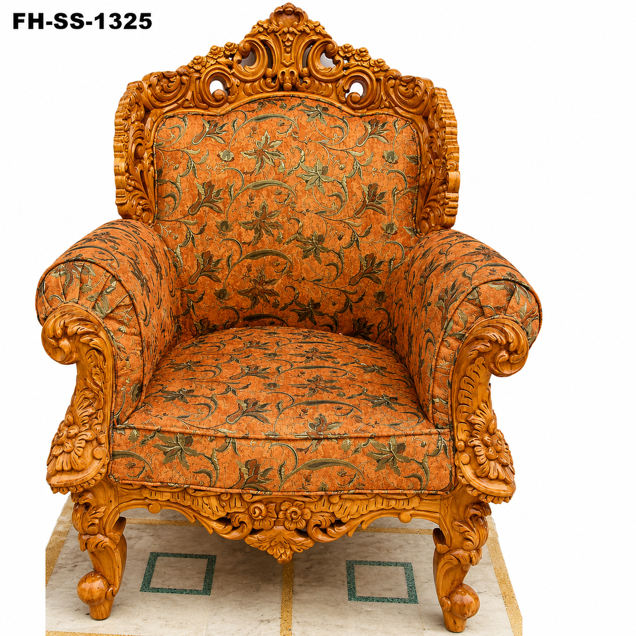 Luxury handcrafted solid wood sofa with intricate floral carvings, premium orange floral upholstery, rolled armrests, and an elegant royal high-back design. - Image 2