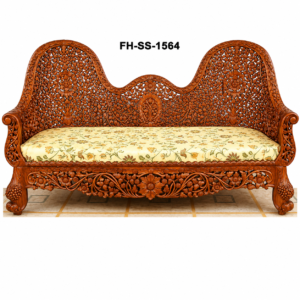 Luxury handcrafted Kashmiri walnut wood sofa with intricate open floral carvings, premium upholstered seat, and traditional royal craftsmanship.