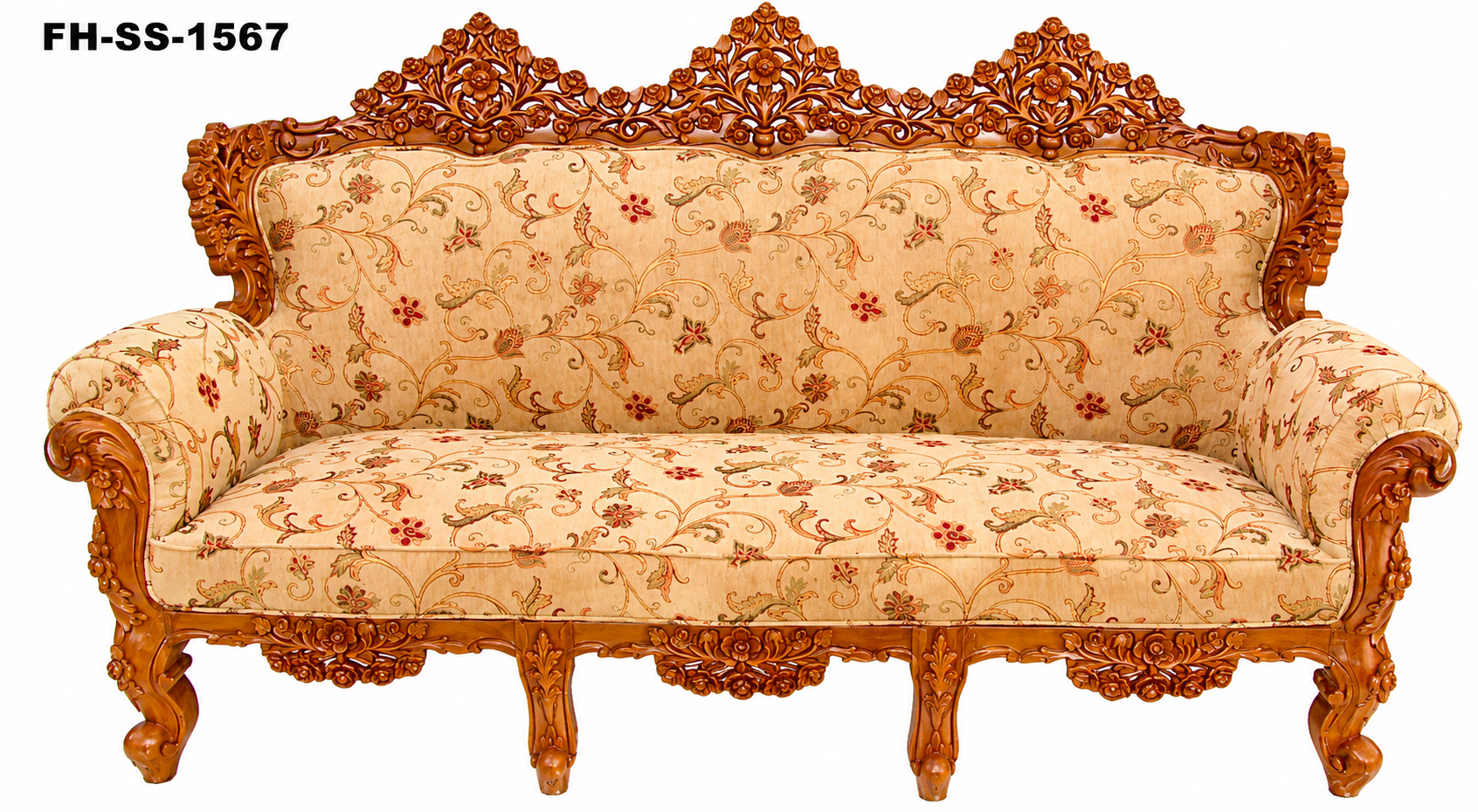 Elegant handcrafted solid wood sofa with intricate floral carvings, premium beige floral upholstery, rolled armrests, and a luxurious high-back royal design.