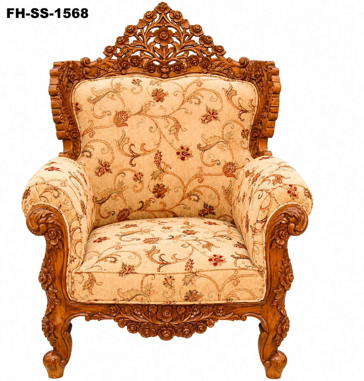 Elegant handcrafted solid wood sofa with intricate floral carvings, premium beige floral upholstery, rolled armrests, and a luxurious high-back royal design. - Image 2