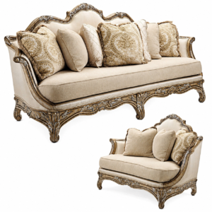 Elegant luxury French-style carved wooden sofa set featuring a three-seater sofa and matching single-seater armchair with premium beige upholstery, decorative cushions, and antique silver fini