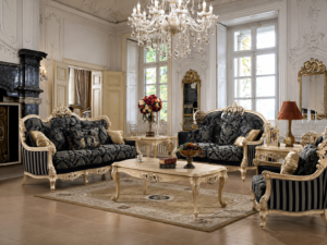 Elegant ivory and charcoal classic living room sofa set featuring handcrafted carved wooden frames, premium upholstered seating, matching armchairs, designer coffee table, and luxurious European-inspired décor.