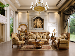 Luxurious imperial gold carved wooden sofa set with premium upholstered seating, matching armchairs, designer coffee table, elegant side tables, and palace-inspired living room décor.