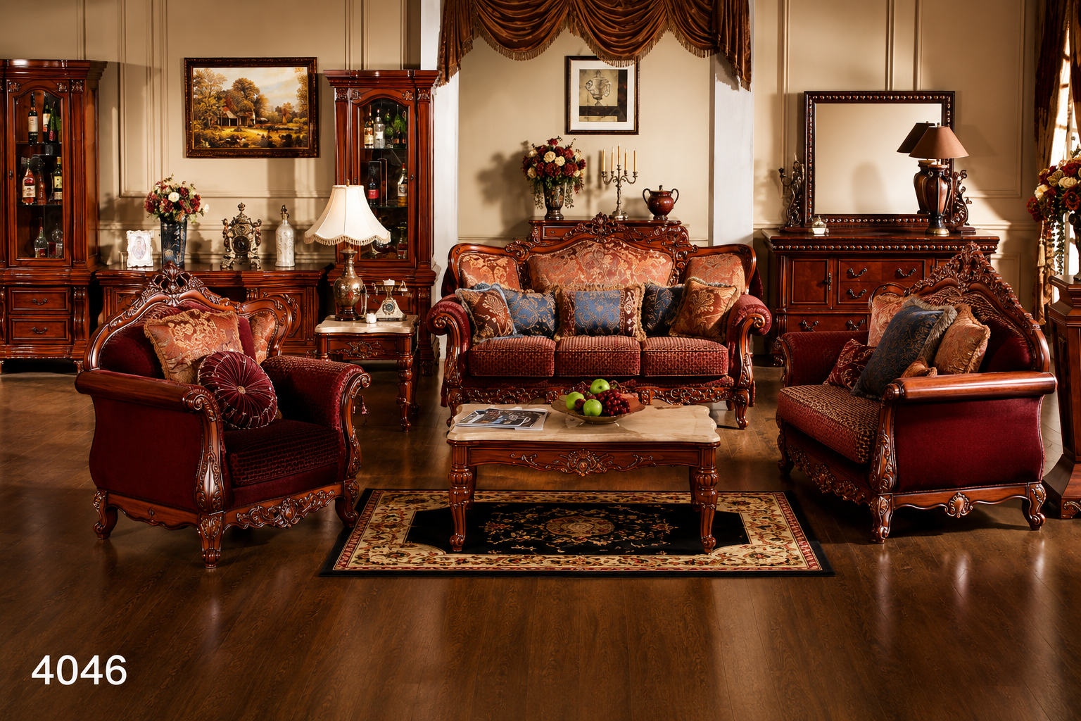 Elegant Victorian-style living room sofa set featuring richly carved solid wood frames, warm brown premium upholstery, matching armchairs, decorative cushions, and a classic wooden coffee table.