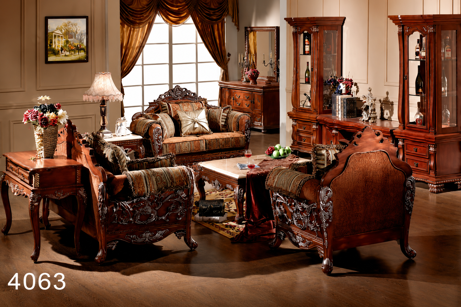 Elegant handcrafted wooden living room sofa set featuring intricate floral carvings, premium upholstered seating, rich walnut finish, plush cushions, and a luxurious classic design for sophisticated interiors.