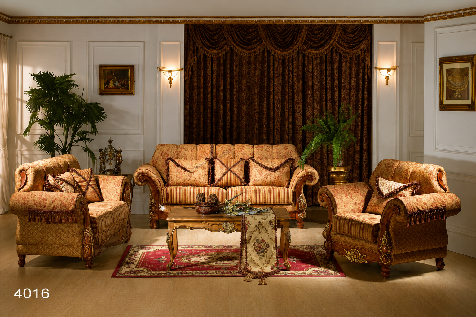 Elegant classic wooden living room sofa set with carved solid wood frame, premium patterned upholstery, rolled armrests, plush cushions, and a traditional luxury design in a sophisticated home setting.