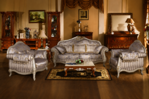 Luxury Victorian-style living room sofa set featuring a silver carved wooden frame, premium striped upholstery, plush cushions, rolled armrests, and elegant traditional craftsmanship.